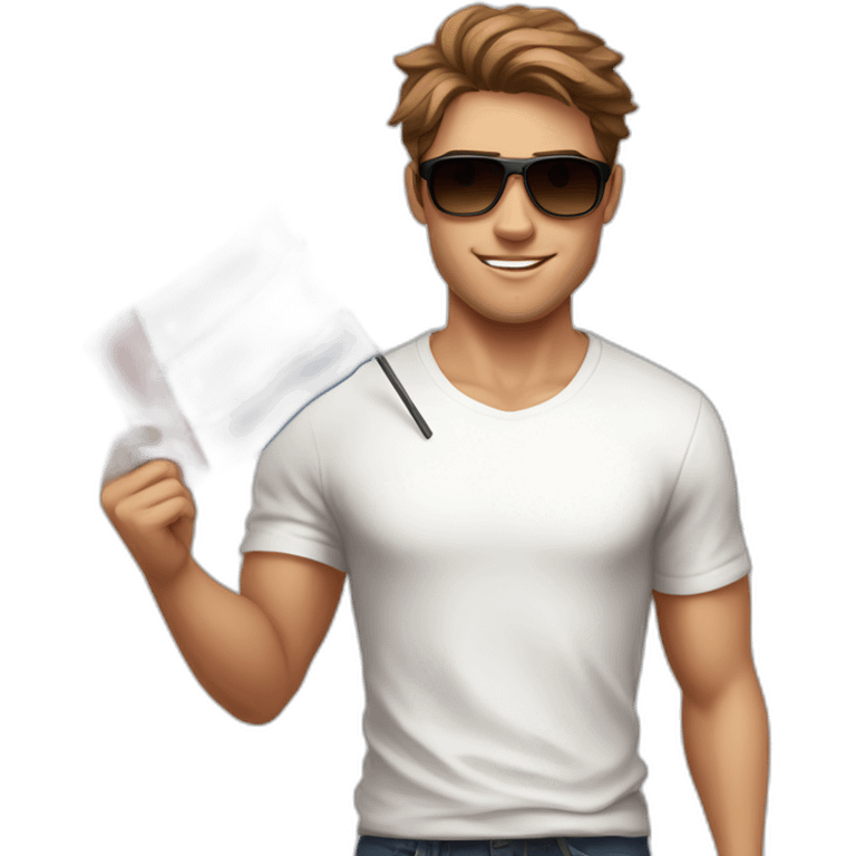 A young fit man with a white shirt and sunglasses on his hair with brown hair and a French flag in his hand emoji