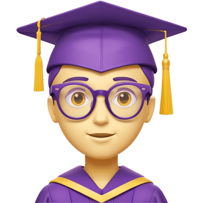 Create a fun and intelligent text bot character with a sleek, futuristic design. The bot should have a vibrant personality and be styled in shades of purple and yellow. It wears a stylish pair of glasses, symbolizing wisdom and tech-savviness, and a graduation cap to represent knowledge and learning. The bot should have a friendly, approachable expression with a subtle glow, giving it a smart and interactive vibe. Keep the design modern, playful, and engaging—perfect for an AI-powered learning assistant. emoji