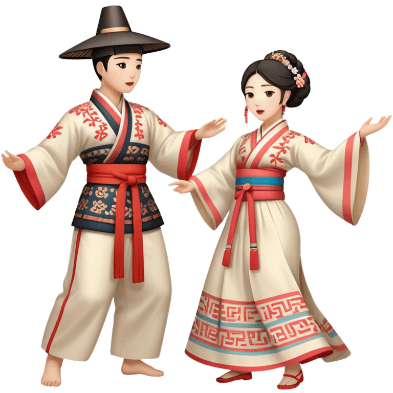 Cinematic Realistic scene of two performers engaging in Ganggangsullae, dressed in traditional Korean costumes with intricate patterns and graceful movements, illuminated by soft, festive lighting that accentuates the cultural ambiance emoji