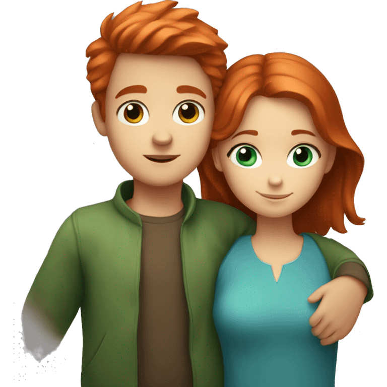 a red-haired boy with blue eyes hugs a girl with brown hair and green eyes emoji