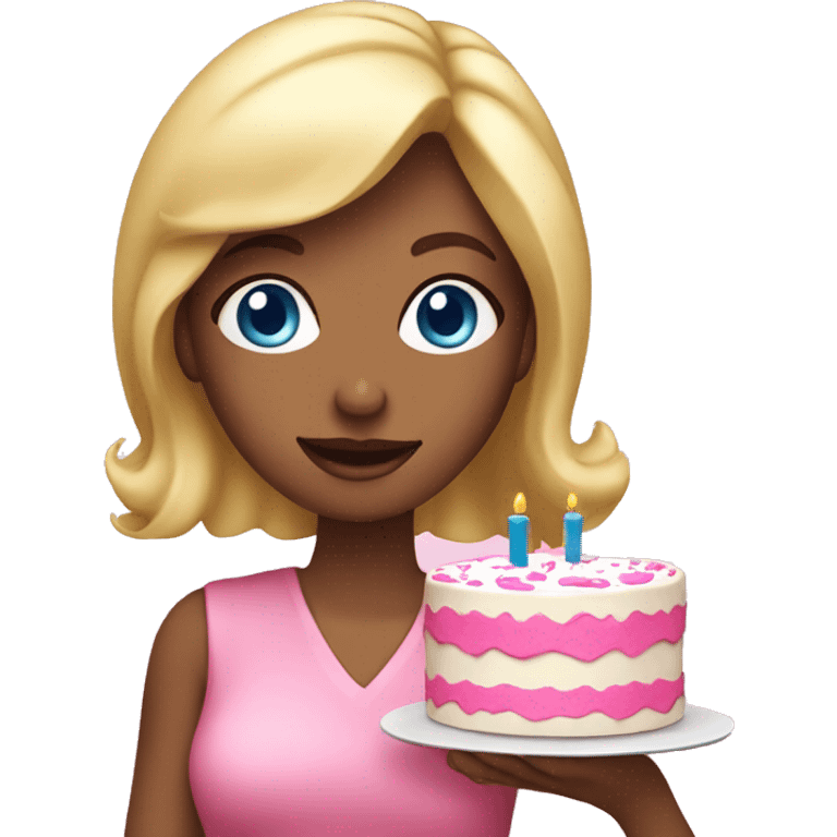 Blonde woman with blue eyes holding a pink birthday cake  emoji