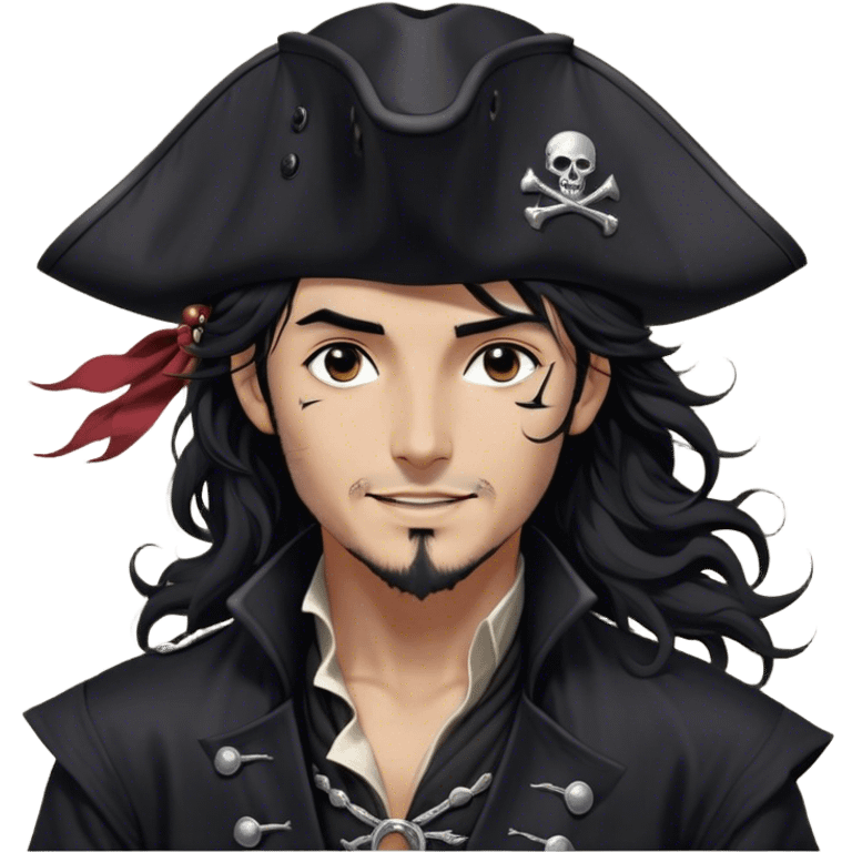 A charismatic pirate with wavy black hair tousled by the breeze. His silver-embroidered tricorn hat casts a shadow. He turns his head slightly, dark eyes glinting with mischief as he looks to the side, a knowing smile on his lips. His black coat, adorned with silver buttons, shifts with the wind emoji