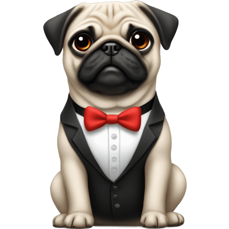 Make me a cute, but realistic pug wearing a black suit with a white undershirt wearing a red bowtie emoji