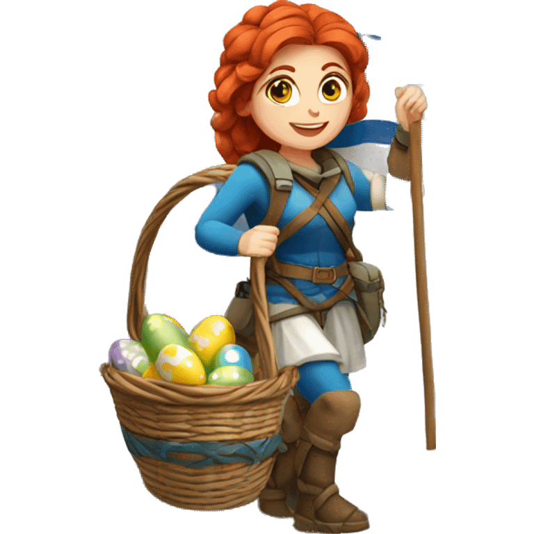 Greek Female winter mountaineer red hair white skin climbing with Greek Flag and Easter eggs basket emoji