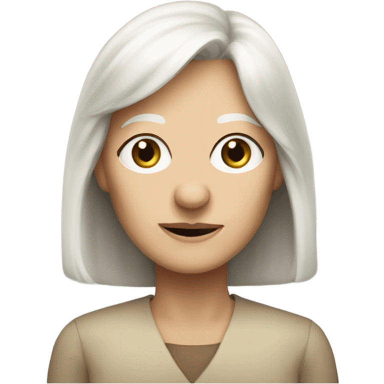 Aged crone woman, shoulder length blonde hair with bangs, blue eyes with wisdom emoji