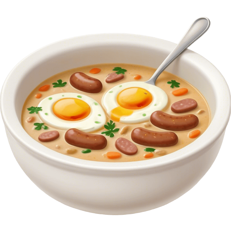 Cinematic Realistic ≈ªurek Soup Dish Emoji, depicted as a tangy, creamy rye soup with sausage and egg rendered with detailed textures and warm, comforting lighting. emoji