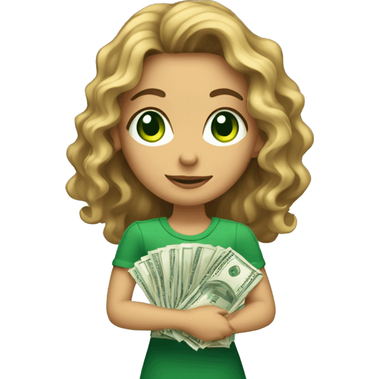 a fair toned girl with wavy hair and green eyes holding a stack of money  emoji