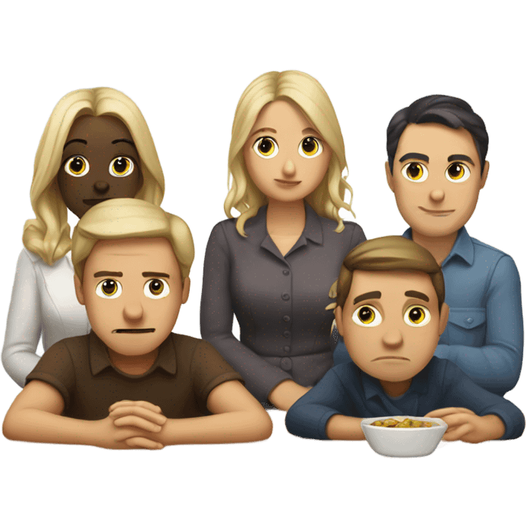 6 Caucasian people sitting around a table looking unhappy emoji