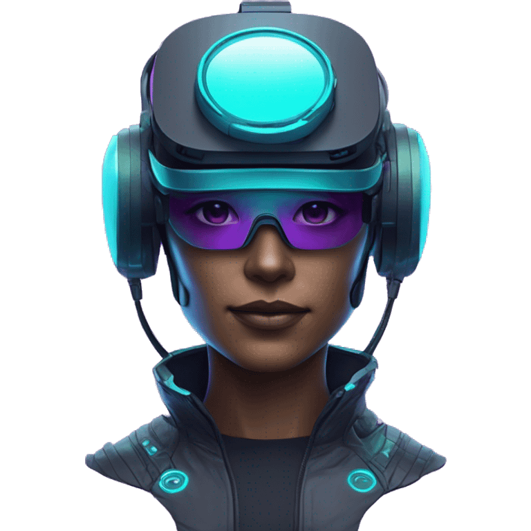 Secret human agent in a futuristic hat with in Apple VR google headset , cyberpunk, cyan and purple colors, only upper body portrait, front facing the camera  emoji