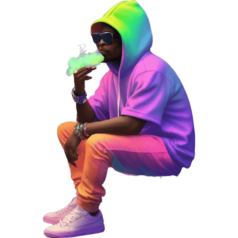 Multicoloured neon person smoking wearing hoodie dancing hip hop bucket hat tropical Skater fashion aesthetic baggy clothes graphic t shirt 420 emoji