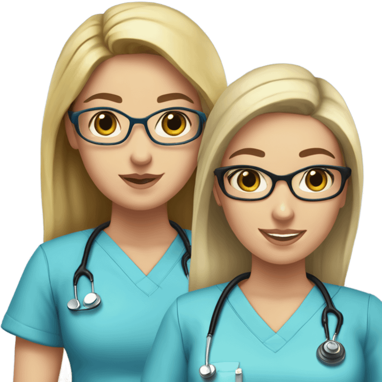 Two Caucasian Best friend nurses in blue scrubs. one girl has glasses with black hair in a pony tail. The other girl has long hair but no glasses emoji