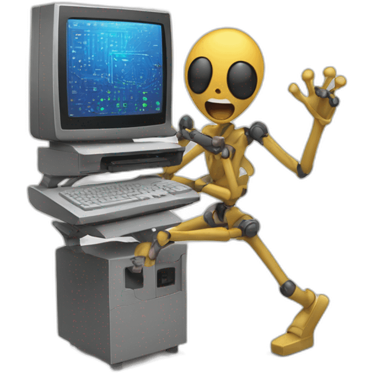 Anthropomorphic computer with arms and legs doing something random emoji