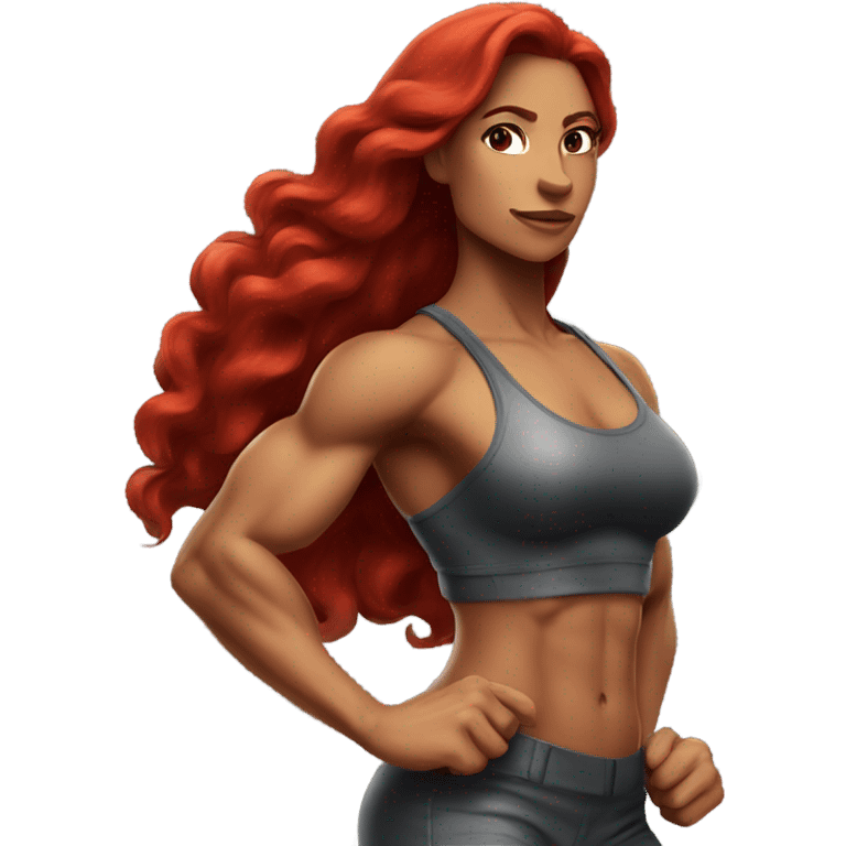 Very fit Latina with long red hair and and of steel flexing her muscles emoji