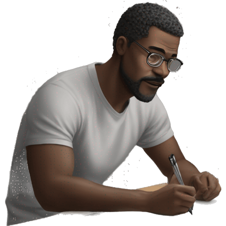 A man, drawing on an iPad with a stylus. , using the iPad placed on a table. with art tools like brushes and pencils around him. 🎨 emoji