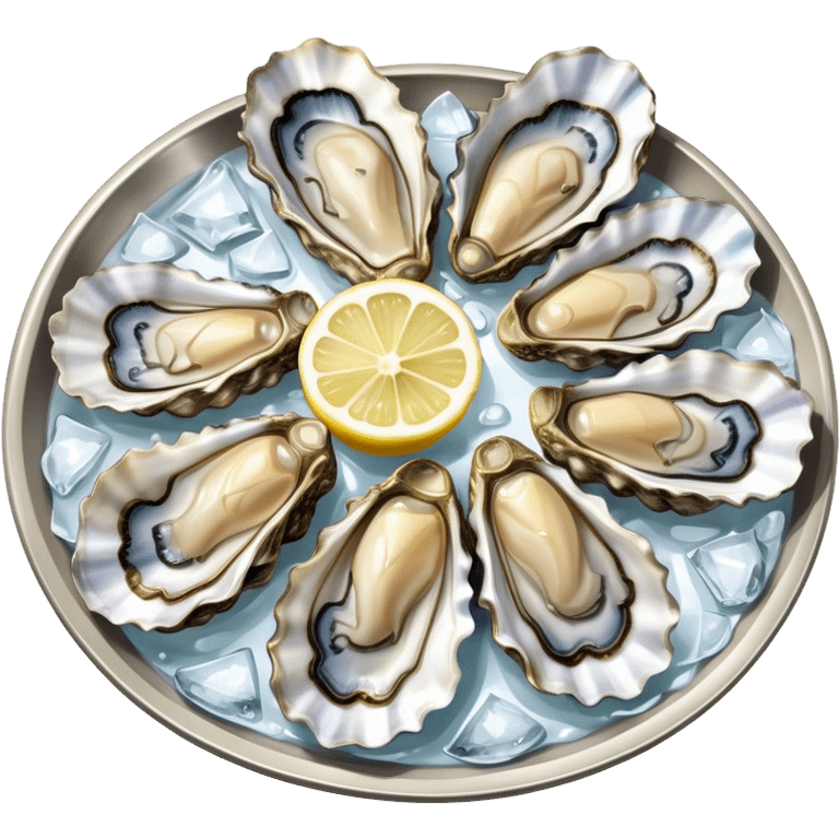 Cinematic fresh oysters on the half-shell, glistening with seawater, served with lemon wedges and ice, soft glowing highlights, elegant and luxurious. emoji