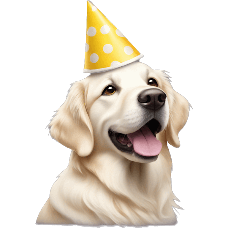 White golden retriever wearing polka dot party hat emoji