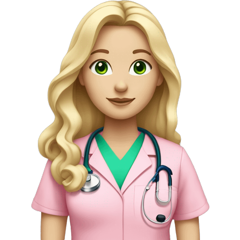 pale blonde girl with long wavy hair and green eyes wearing pink scrubs and stethoscope  emoji