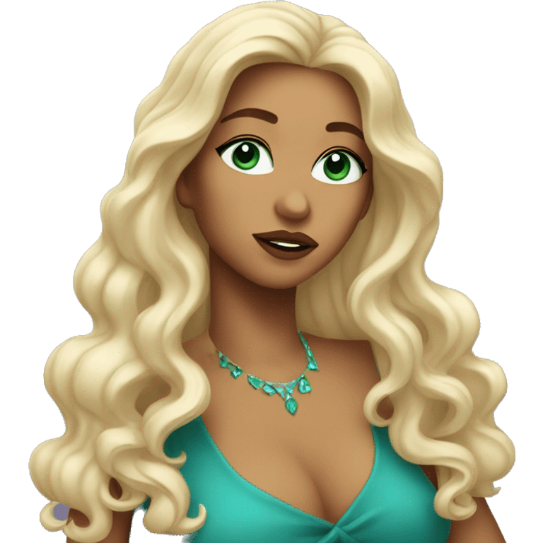 woman with long curled hair and blu-green eyes blowing kiss emoji