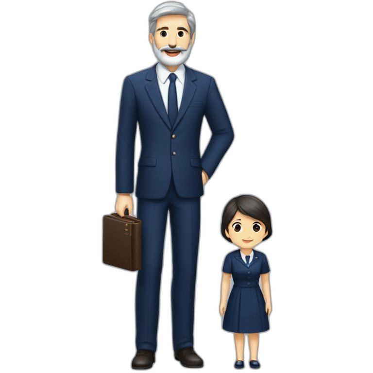 husband classy caucasian 55 dark gray hair trimmed beard wearing navy blue business suit and holding bible, with wife asian age 55 dark hair nurse uniform, no children emoji