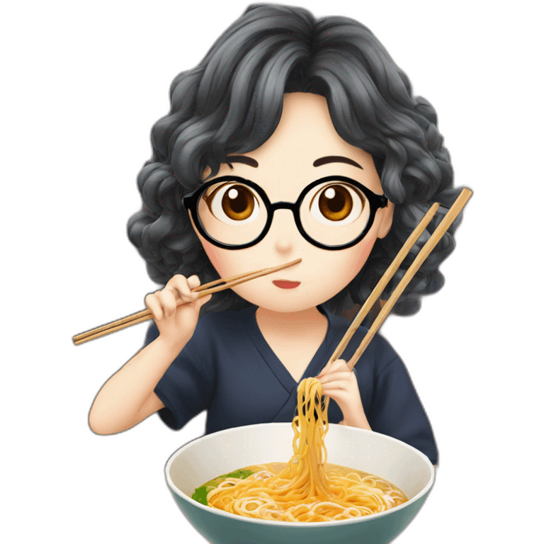 A girl with wave hair and glasses who livres k-drama eating a ramen with chopstick emoji