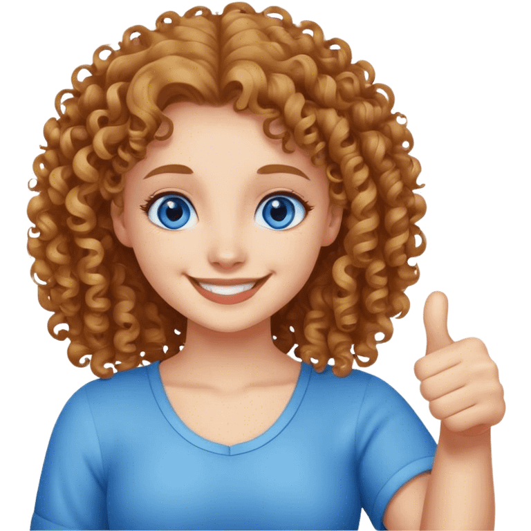 girl with curly hair and blue eyes smiling doing thumbs up emoji