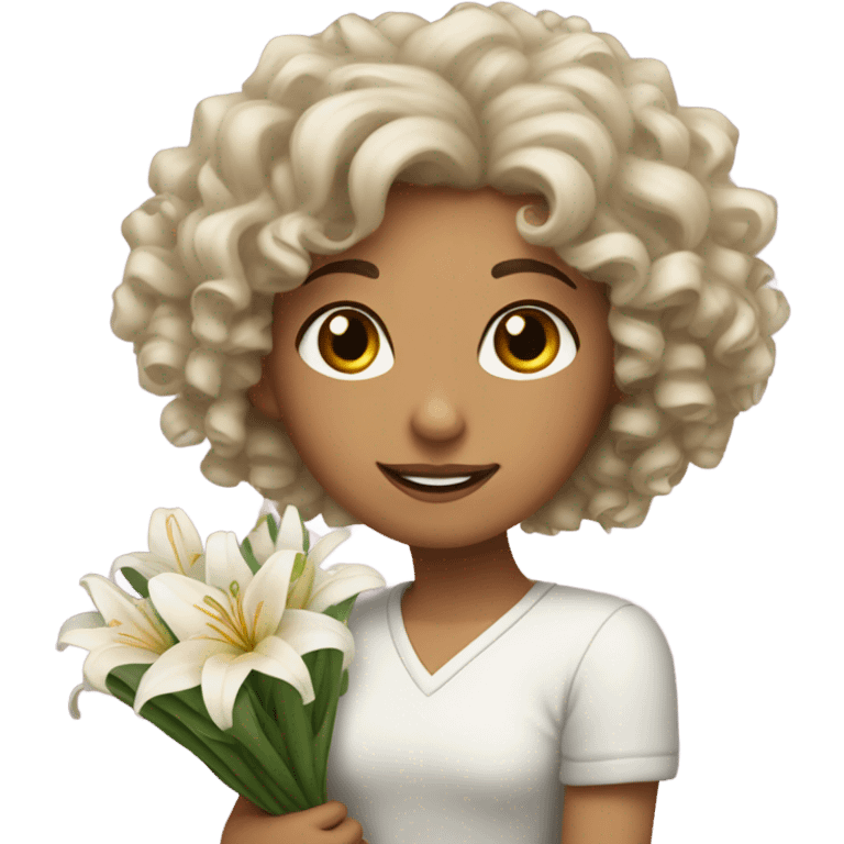 Curly haired white girl holds a bouquet of lilies emoji