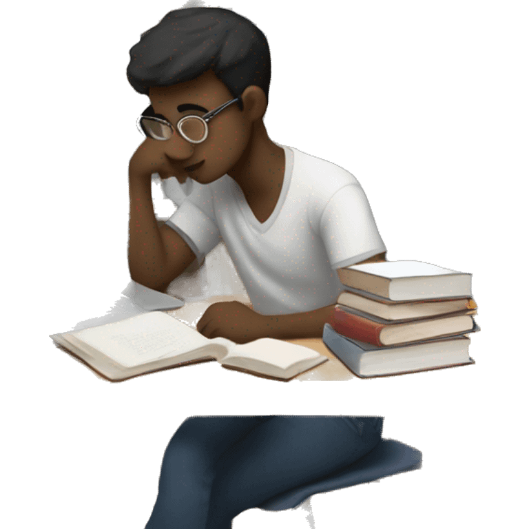 A tired student studies among books and a computer  emoji