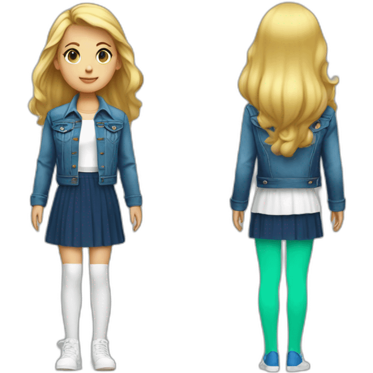 Blonde girl with bang and tail, in blue denim jacket, white T-shirt, green tights and elongated blue chiffon skirt emoji