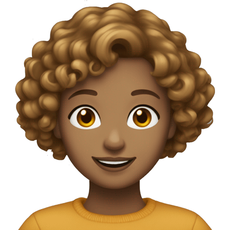 Women with a curly light brown bob, friendly smile, small to medium brown eyes, round face, small gold hoop earings emoji