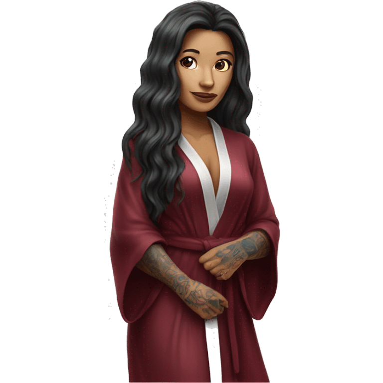 Beautiful tattooed burgundy long haired woman in silk robe emoji