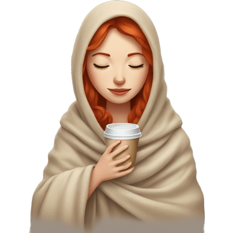 red headed girl in blanket with coffee eyes closed emoji