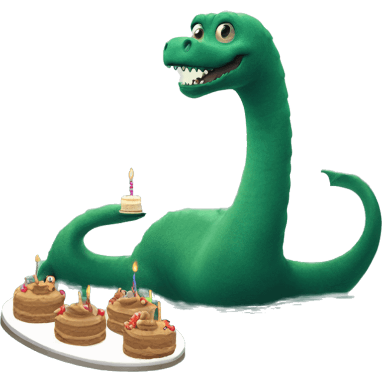 Loch Ness monster holding a birthday cake emoji