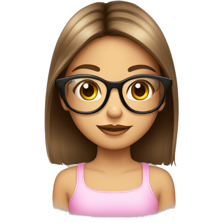 Niña con lentes rosado transparente, pelo corto de color castaño, ojos marrones,  emoji