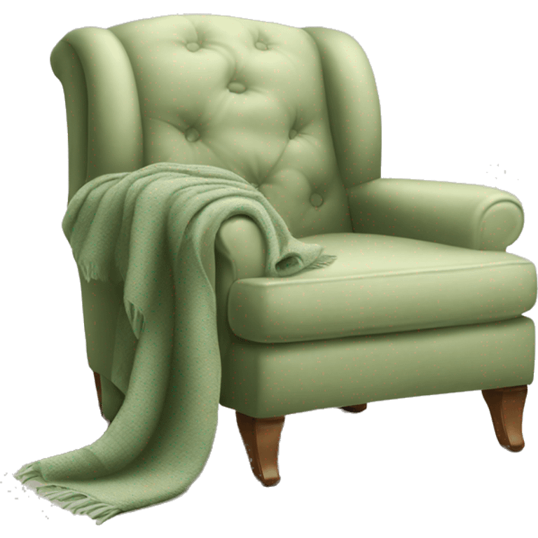 Beige Armchair - Sage green blanket - book emoji