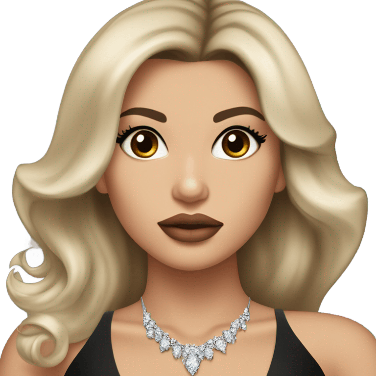 Brunette woman pale tan skin tone. Blowdried layered bouncy. Diamond earrings and necklace big lips. Kim k and kylie look alike. Black elegant dress emoji