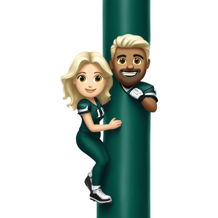 Brunette female and blonde male who are both eagles fan climbing up a pole emoji