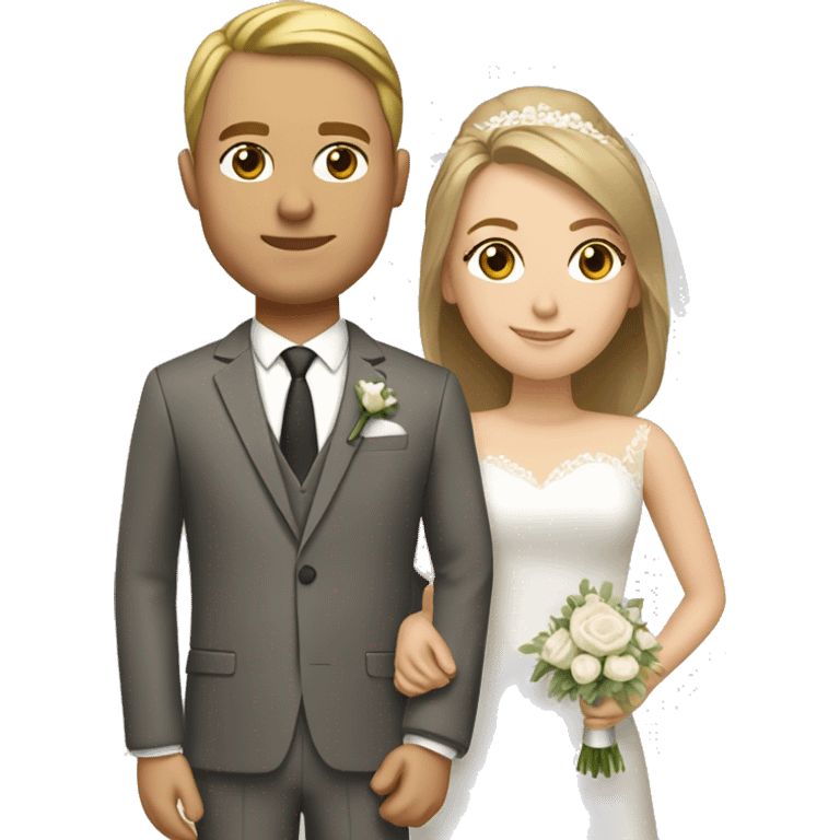 Wedding couple. Bride has light brown hair shoulder length. She wears a classic dress. She has grey eyes. Groom has olive green suit. He has blond hair. He wears glasses. He has brown eyes. emoji