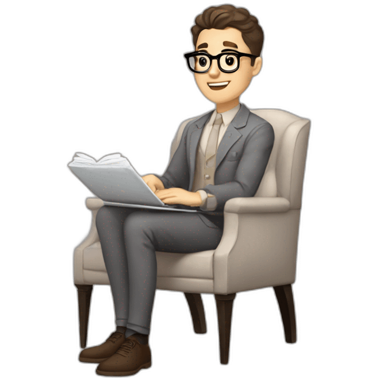 Pale skinned Fit Man With dark brown hair in gray jacket, beige office shirt, Brown pants and vintage glasses sitting In a soft chair with a notebook on spring with emblem Ψ and a pen emoji