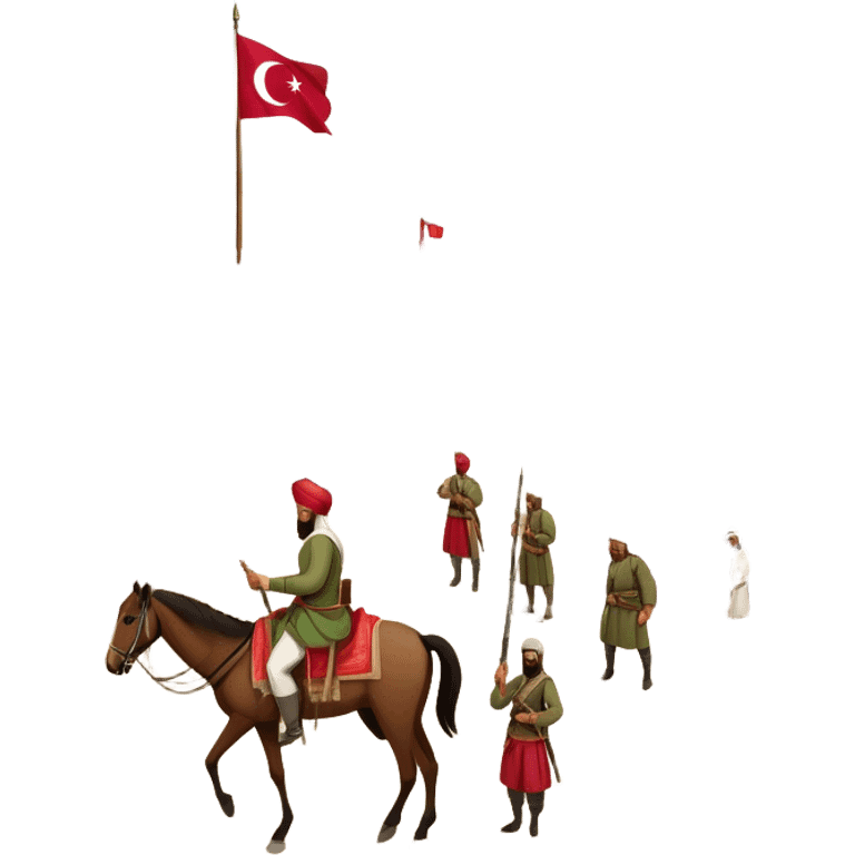 Early Ottoman settlement being built. Wooden houses, tents, and a small market. People in traditional Ottoman clothes, soldiers on horseback, and a flag waving emoji