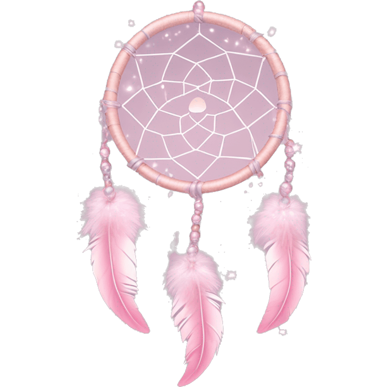 Pastel Pink Dreamcatcher "A pastel pink dreamcatcher with glowing, soft feathers and shimmering beads, surrounded by tiny floating sparkles." emoji