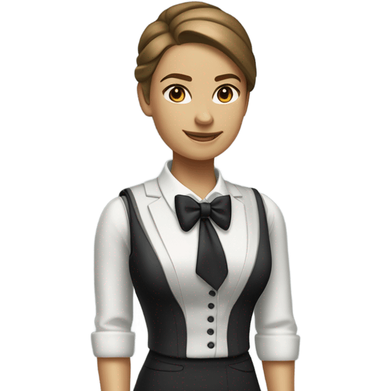 a caucasian female butler with a professional and elegant demeanor. She has her hair neatly tied in a ponytail and wears a classic butler uniform, including a tailored vest, crisp white shirt, and bow tie. emoji