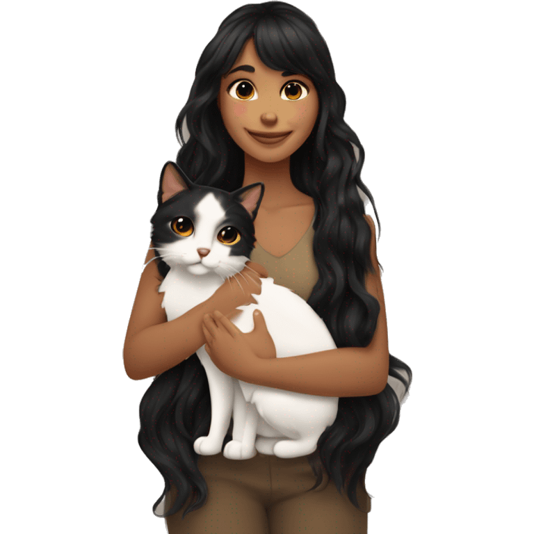 TAN SKIN GIRL with long black wavy hair and bangs HUGGING HER CALICO CAT  emoji