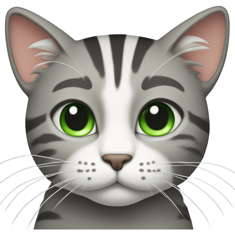 and a cat with large whiskers that has white and gray stripes on its head, and green eyes emoji