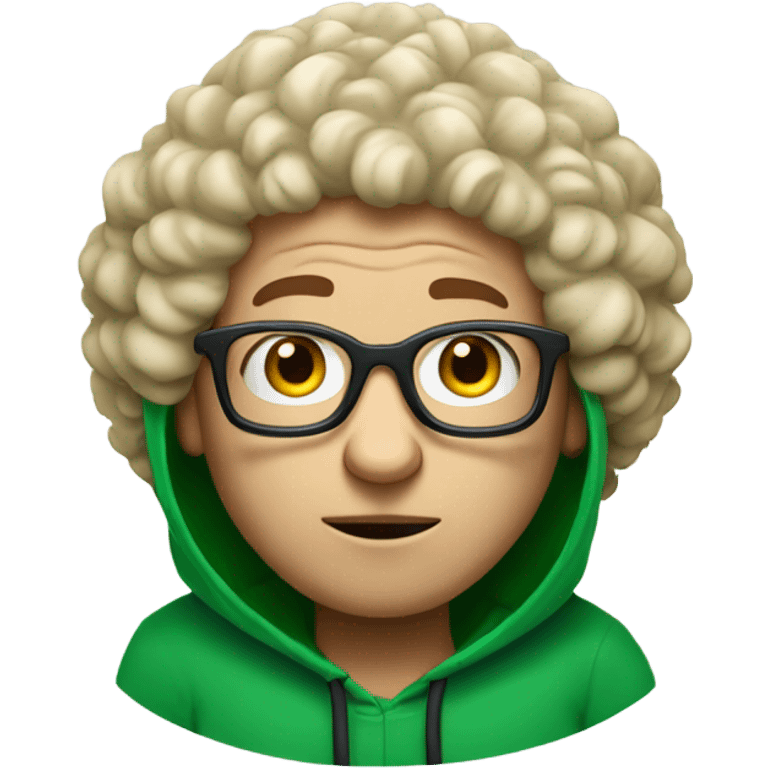 stubborn male sheep with blond curly hair, glasses and in green hoodie.  emoji