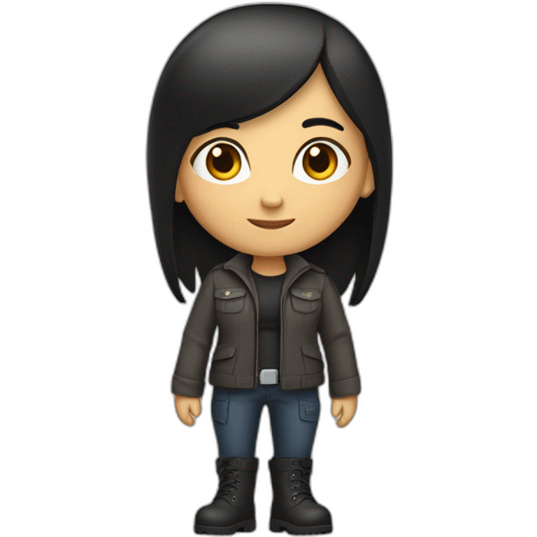 Small white woman with black hair halfway down her back, dressed in logistic clothes and boots. emoji