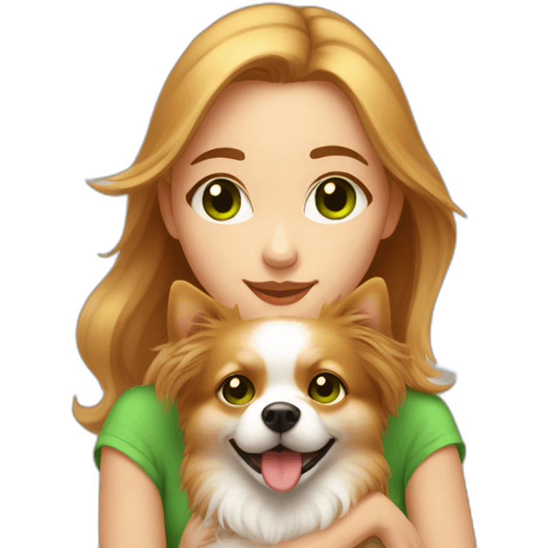 highlighted hair girl with green eyes, hugs her pomeranian dog, red emoji