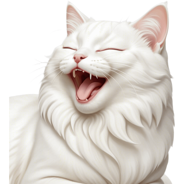 Cinematic Cute Yawning White Cat Portrait Emoji, Head gently tilted with an endearing, wide-open yawn and softly closed eyes, showcasing a pristine white fur with delicate hints of silver, simplified yet irresistibly adorable, highly detailed, glowing with a tender, cozy radiance, high shine, exuding sleepy charm and gentle affection, styled with a soft glowing outline, capturing the essence of a white cat caught mid-yawn, radiating pure, adorable lethargy! emoji