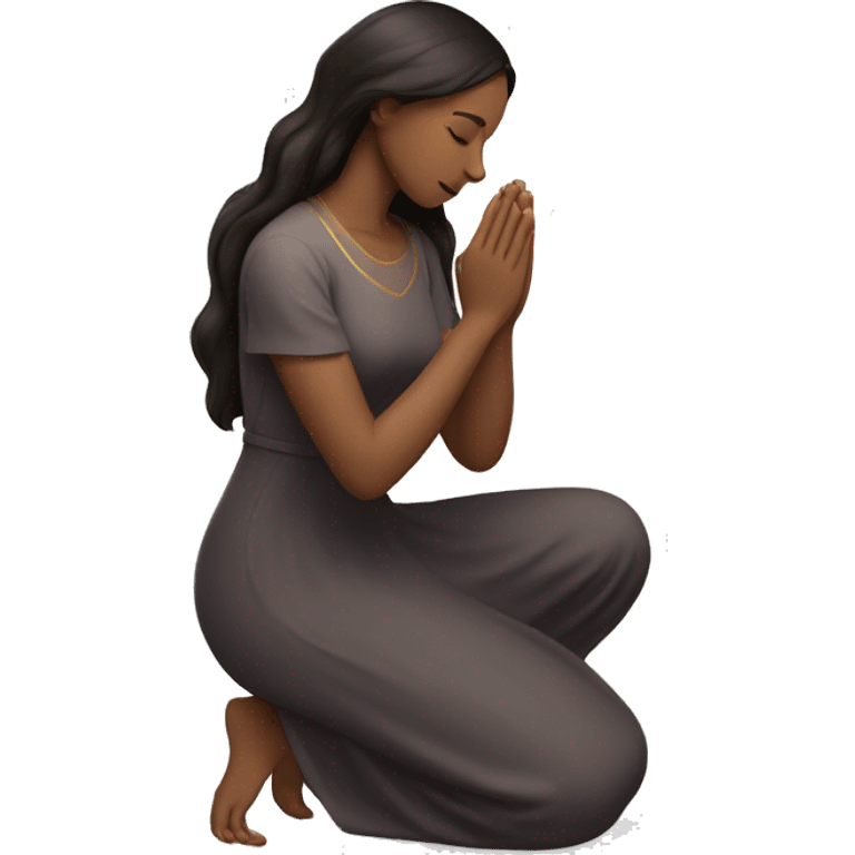 A woman kneeling praying, in a long dress, long dark brown hair emoji