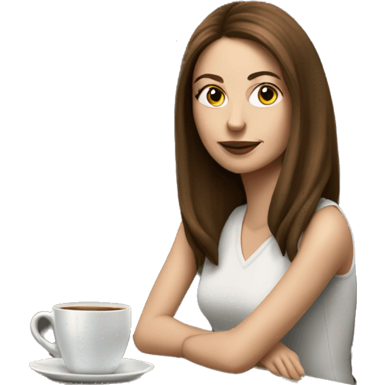 Side view realistic posh brown straight haired pale woman sits at the coffee table emoji