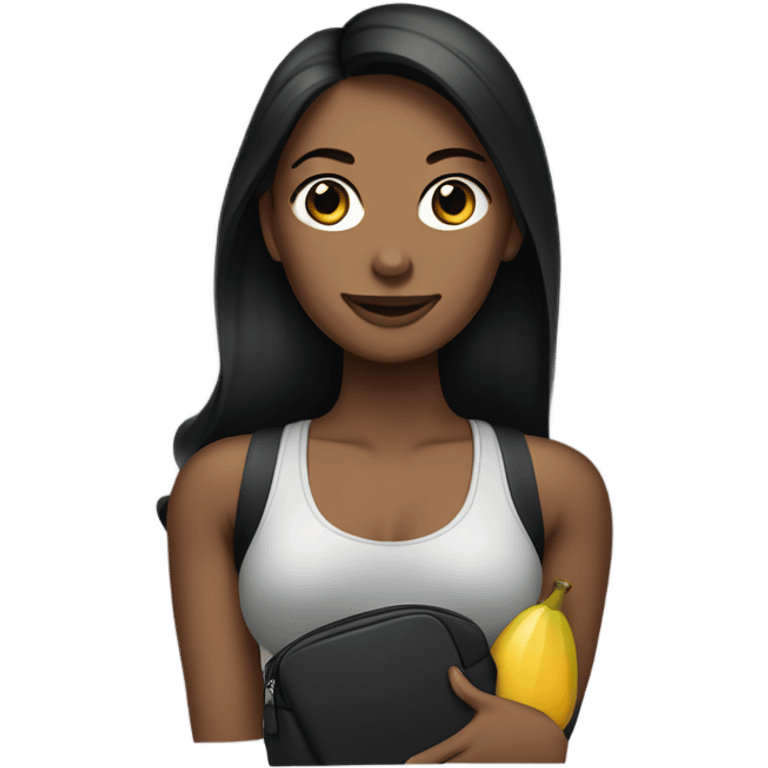 a woman with black long hair wearing a workout set and having a designer purse on her hand  emoji